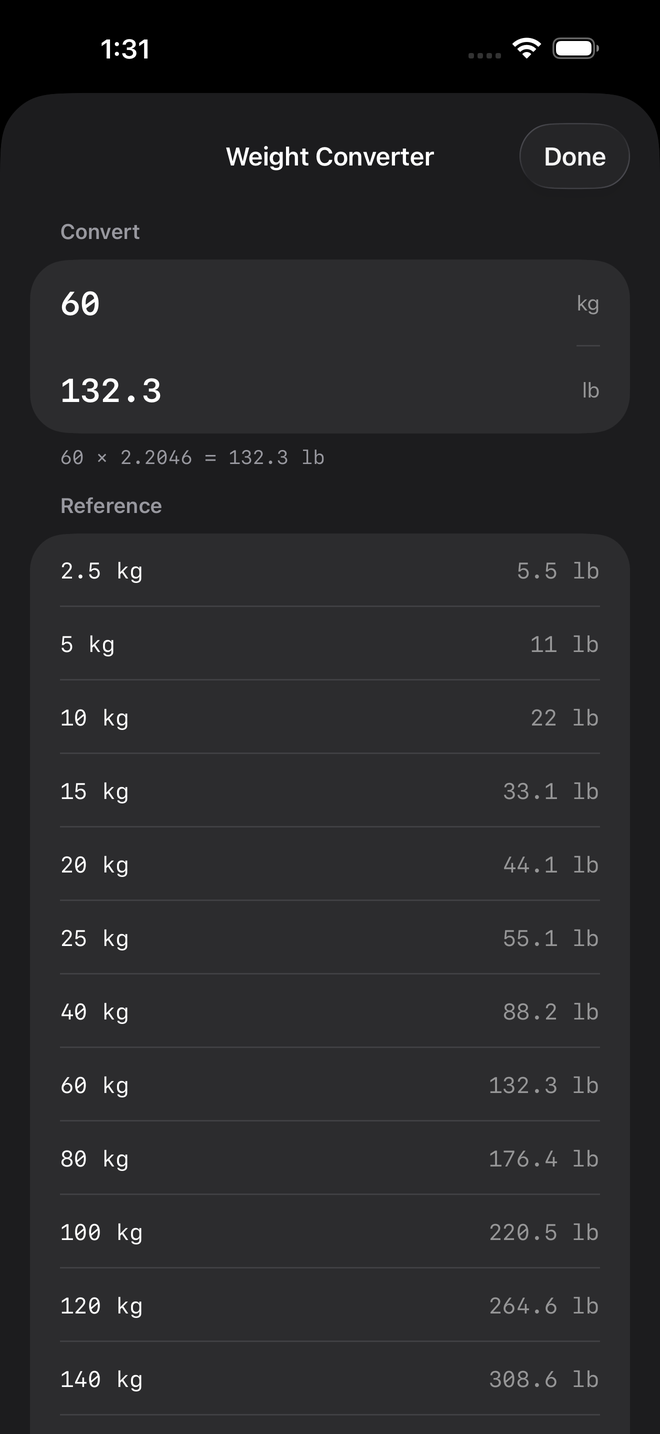 Barbell Genie weight converter showing 60 kg equals 132.3 lb with a reference table