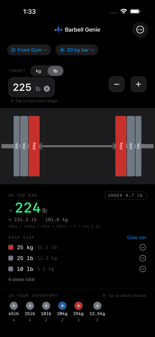 Barbell Genie loading a barbell to 224.3 lb from mixed kilogram and pound plates