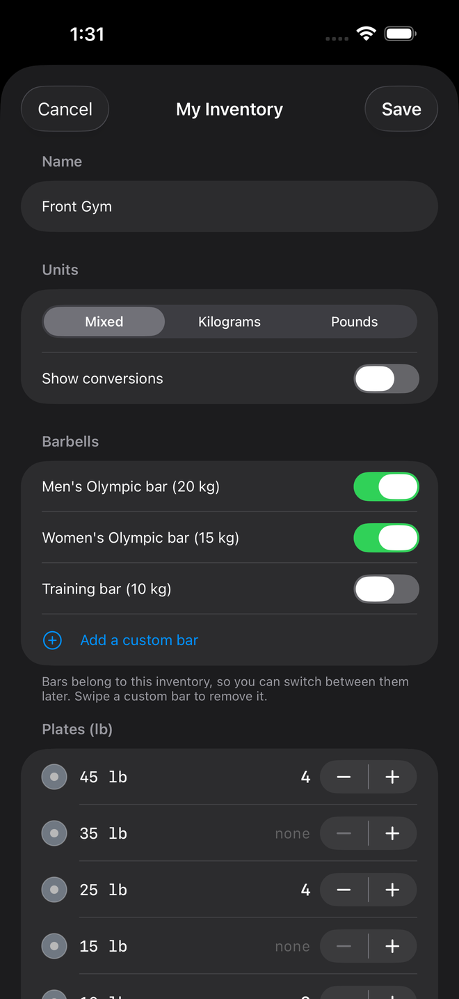 Barbell Genie inventory setup showing units, barbells with an option to add a custom bar, and per-plate counts